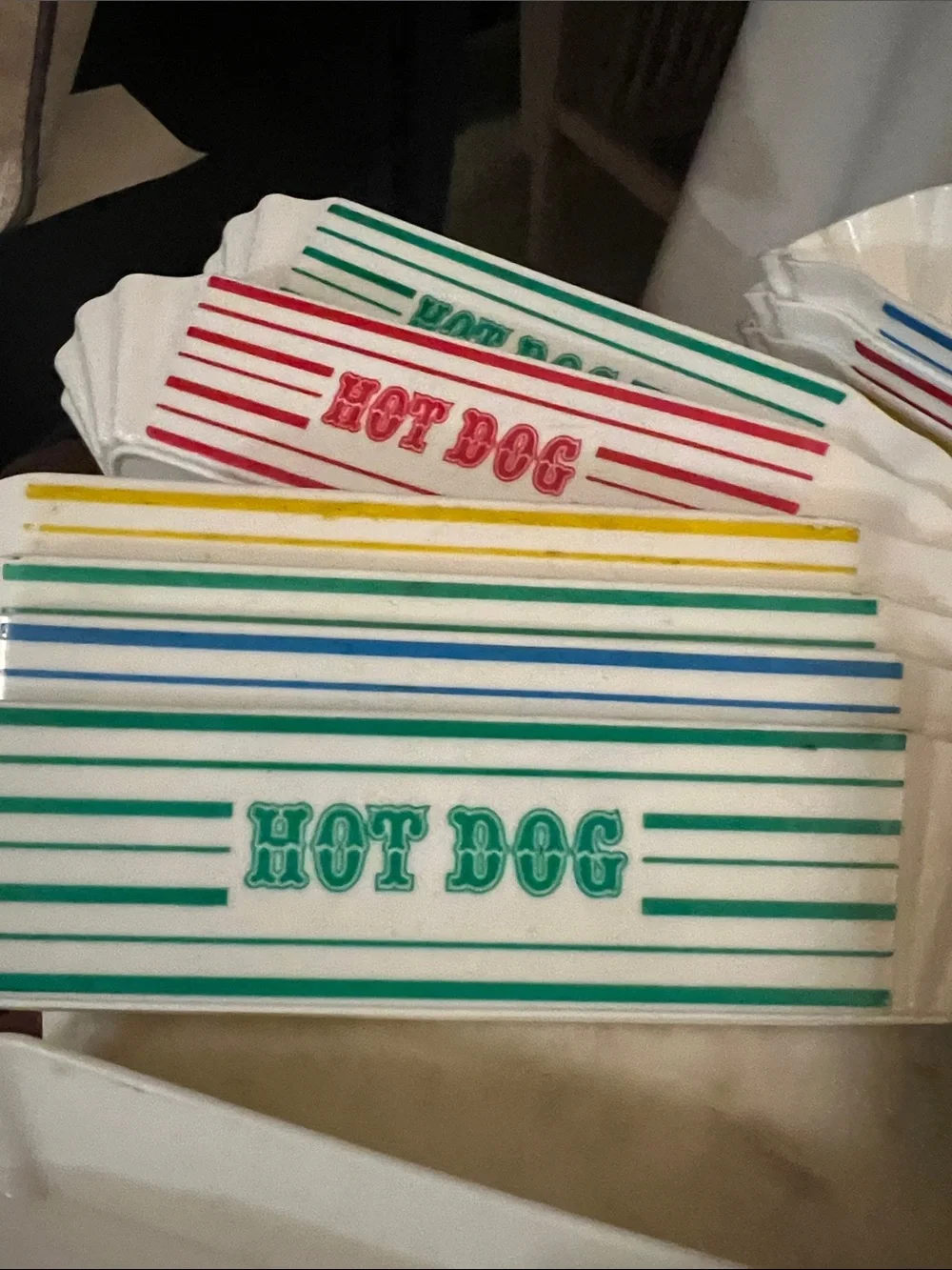 White Hot Dog Paper Trays with Multicolor Stripe Design